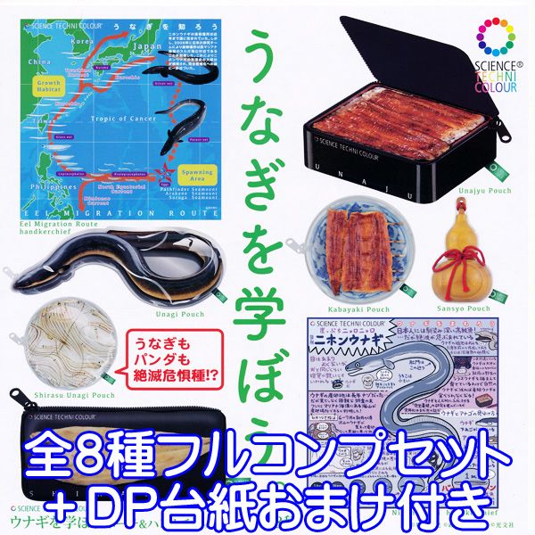 サイエンステクニカラー ウナギを学ぼう ポーチ＆ハンカチ うなぎ 鰻 丑の日 コレクション グッズ EEL ガチャ 株式会社いきもん（全8種フルコンプセット＋DP台紙おまけ付）【即納】【数量限定】のサムネイル