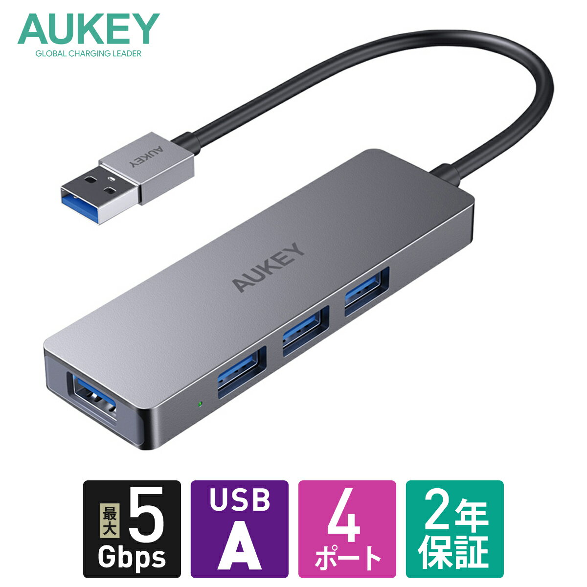 AUKEY USBnu typeA 4|[g 5Gbps Unity Slim 4-in-1 CB-H36-GY USB 3.0 X ^ y RpNg f[^] USB-A ^CvA 2Nۏ