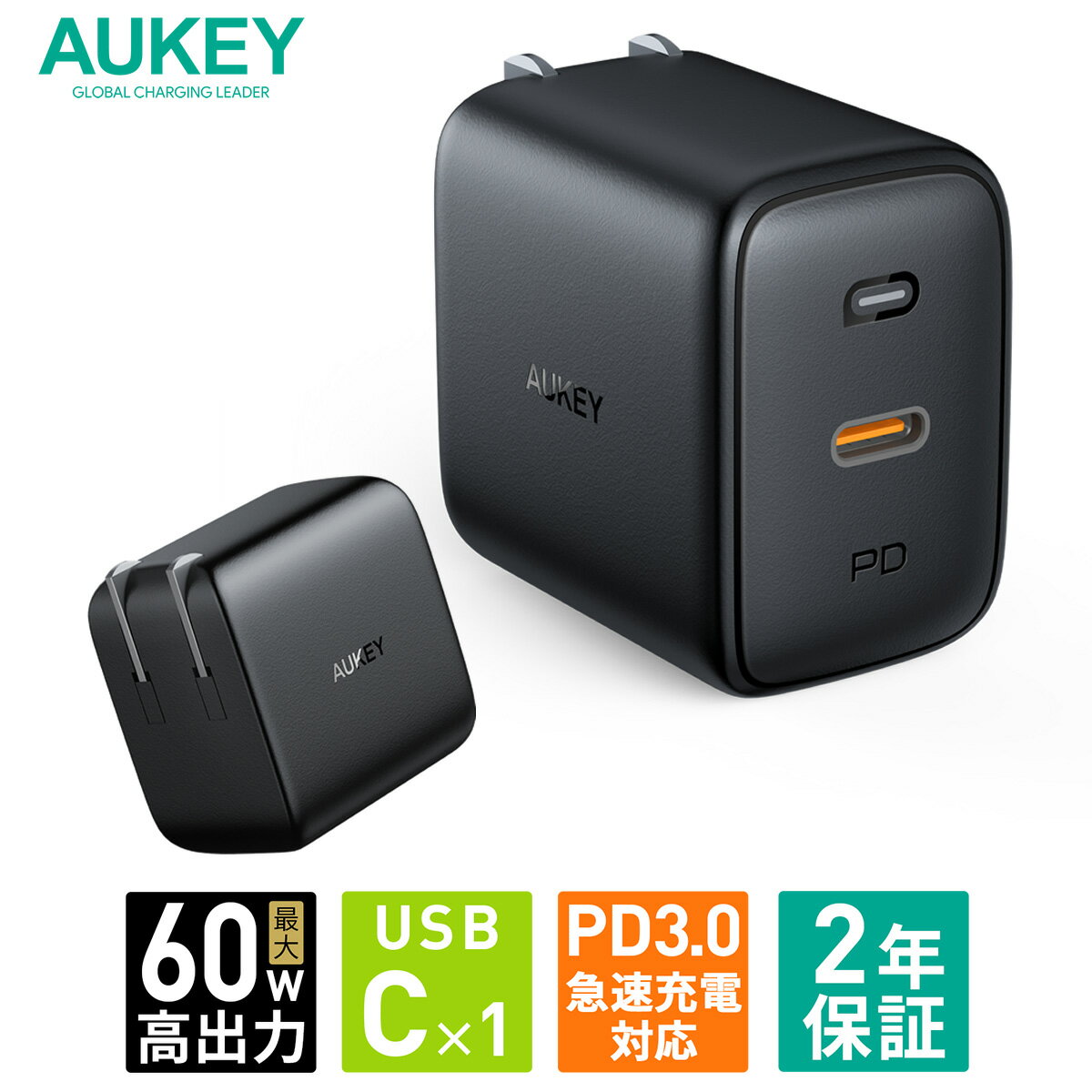 AUKEY USB[d typeC ^CvC Omnia 60W ubN PA-B2 ACA v^[ X}z iPhone Android }[d  I[L[