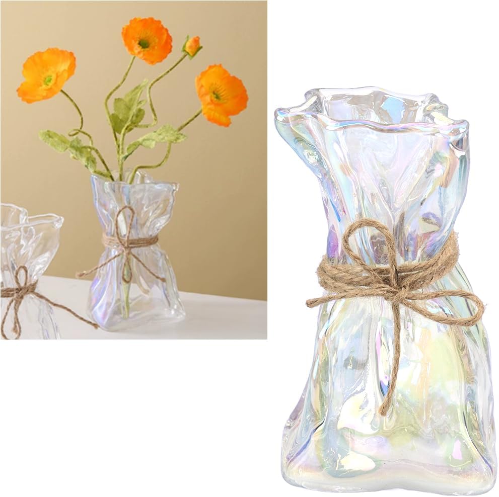 Rakuten - 花瓶 ラッピング風 フラワーベース ミニサイズ 高さ16cm 一輪挿し 生花/ドライフラワー くしゃくしゃ感 ガラス (オーロラ)