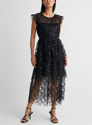 Self-Portrait セルフポートレート Black Grid Sequin Tiered Midi Dress ワンピース セルフポートレイト