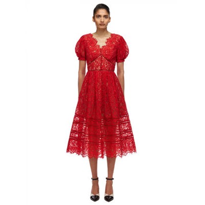 Self-Portrait Red Fine Cord Lace Midi Dress ワンピース