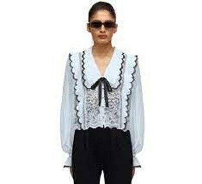 【スーパーSALE期間限定10％OFF】 Self-Portrait Blue Cord Lace Bow Collar Shirt トップス セルフポートレイト
