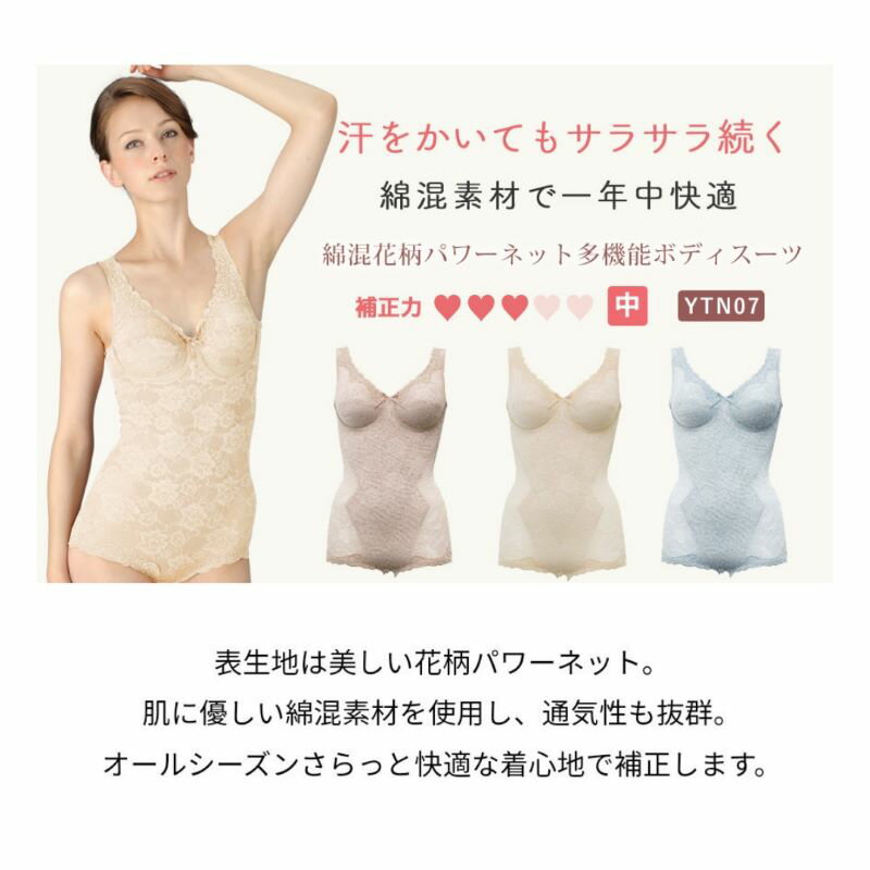ミディアム補正 綿混素材 花柄パワーネット 多機能ボディスーツ （カラー3色） New YTN07 M〜4L 日本製 汗 サラサラ 食い込み ウエスト レース 薄手 ほつれ タムラ