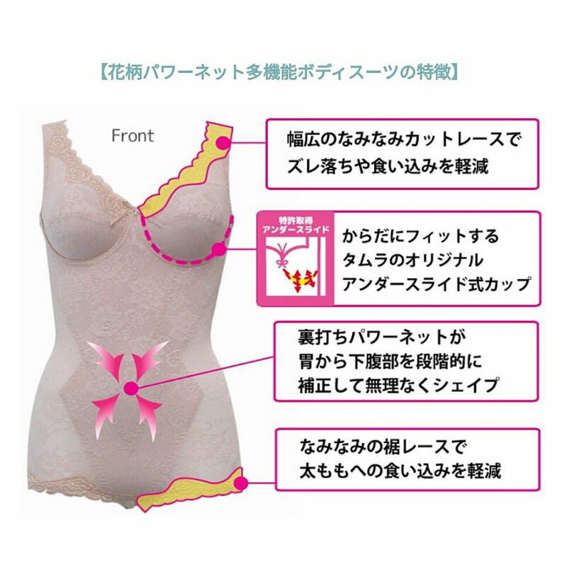 ミディアム補正 綿混素材 花柄パワーネット 多機能ボディスーツ （カラー3色） New YTN07 M〜4L 日本製 汗 サラサラ 食い込み ウエスト レース 薄手 ほつれ タムラ