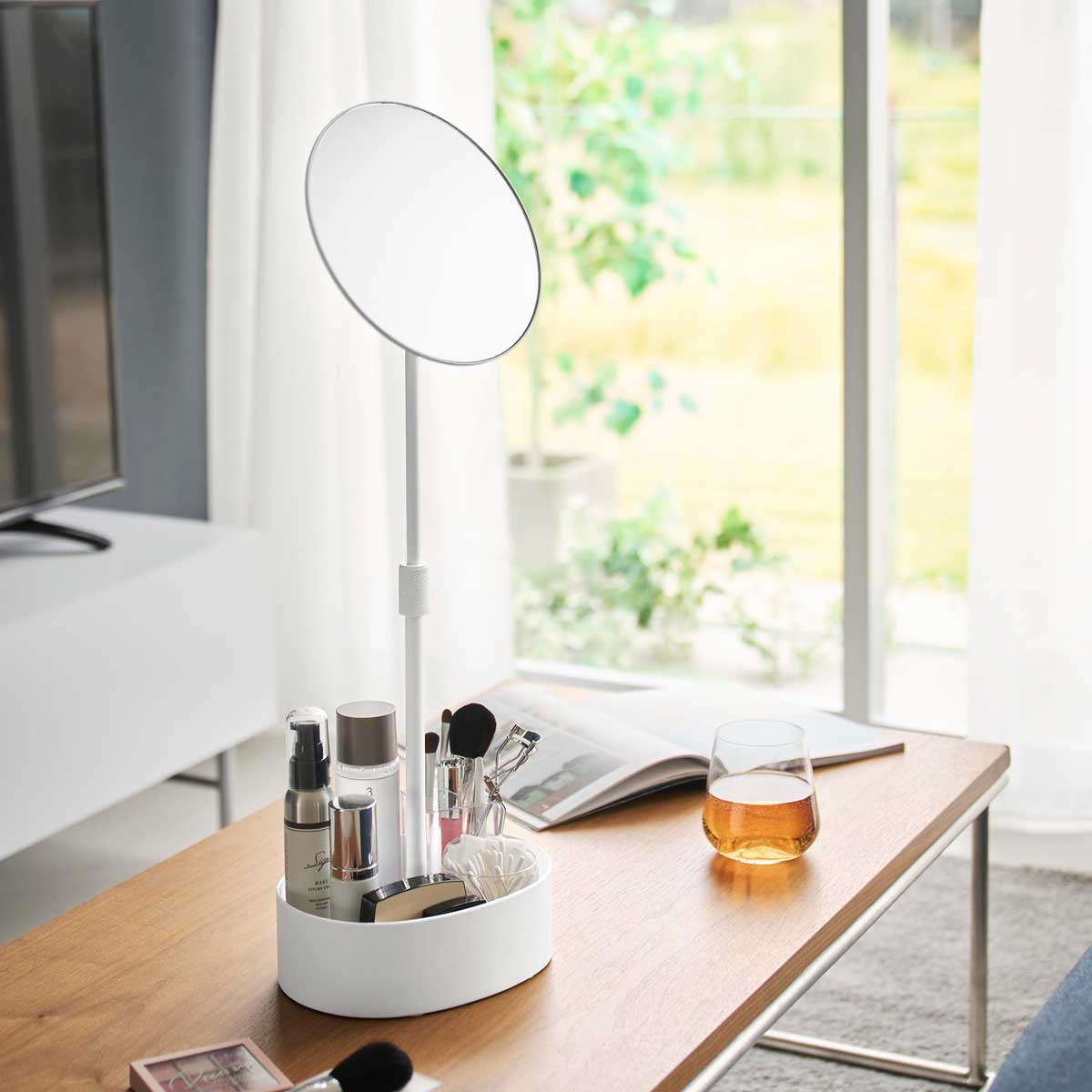 化粧鏡 山崎実業 正規品 tower タワー 高さと角度が調節できる収納付きスタンドミラー 直径19cmの大きめミラー 高さ調節 角度調節 大きめミラー メイクアップミラー 10418 ホワイト