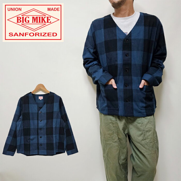 BIGMIKE ビッグマイク ヘビーフランネルシャツ カーディガン ノーカラーシャツ メンズ カバーオール アメカジ HEAVY FLANNEL SHIRTS 長袖シャツ チェックシャツ