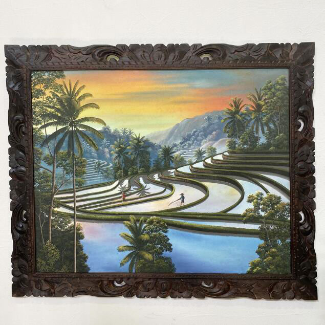 【インテリア雑貨 おしゃれ バリ風】 バリ絵画 風景画 棚田 ライステラス 夕日 フレーム付 W120×H100cm 田園風景 バリアート アートパネル アジア...