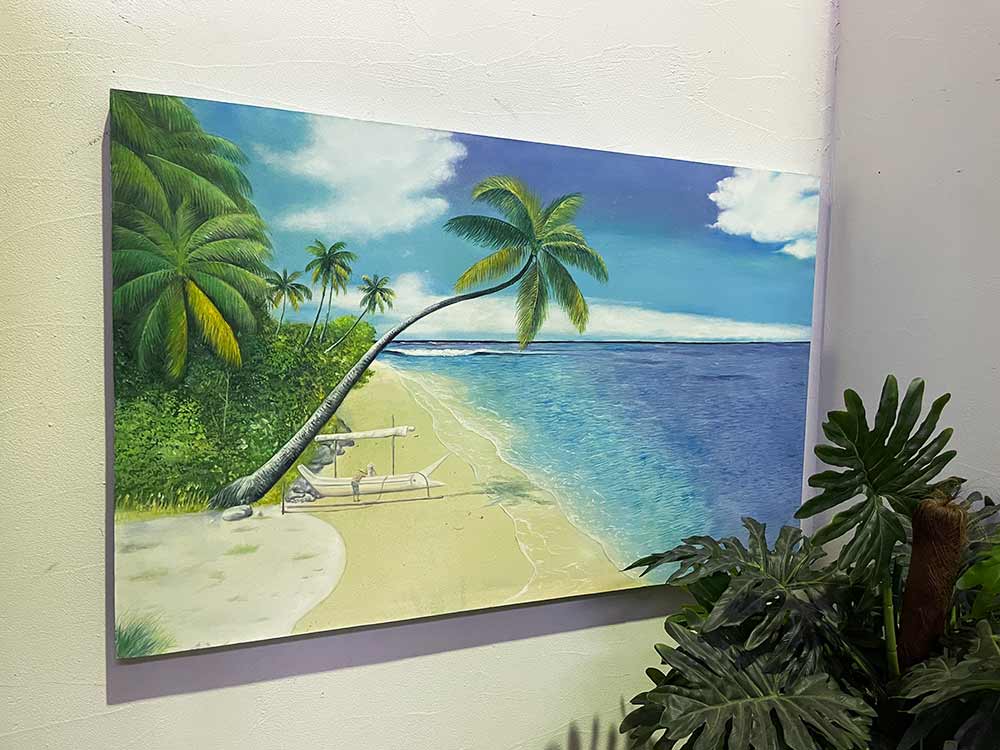 海の絵 ビーチ 海とヤシの木 W135×H85cm バリ 絵画 アートパネル バリアート 青 青色 ブルー 海 サーフィン ハワイ 南国 バリ島 ウブド リゾー...