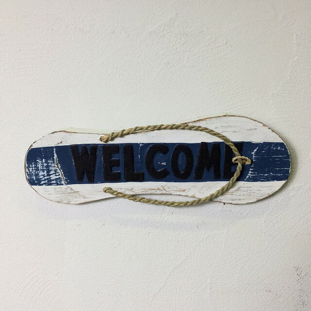 【インテリア雑貨 おしゃれ バリ風】 ウェルカムボード Welcome 木製 サインボード WELCOME C ネイビー サンダル ゾウリ ドア掛け アンティーク調 サインプレート カフェ おしゃれ マリン 南国 ディスプレイ インテリア 装飾 玄関 店舗 海の家 ウッド アジアン [ss2409]