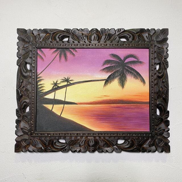 【ポイントUP アジアン バリ】 アジアン雑貨 インテリア バリ風 バリ絵画 海の絵 ヤシの木とサンセット A-1 44×54cm バリアート 紫 額付き 壁掛...