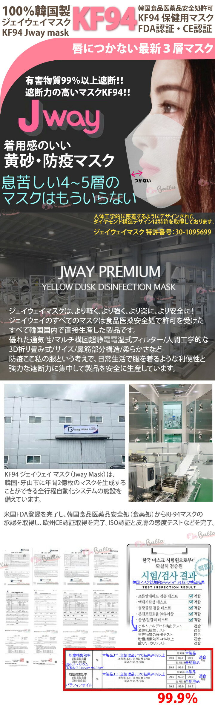 60枚 kf94 マスク【Jwayマスク】韓国製 不織布 唇に付かない 立体 3D マスク 1枚入x60包 個包装 使い捨て KF94認証 高性能プレミアムマスクFDA登録 CE ffp2 最新・湿式MBフィルター使用 マスク 不織布 韓国 マスク kf94【楽天海外直送】