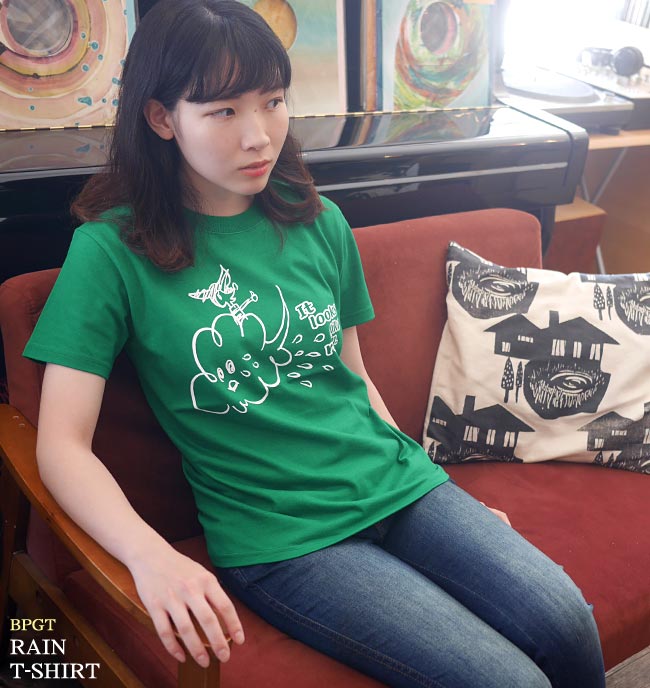 Rain Tシャツ (グリーン) BPGT sp016tee-gr -F完- 半袖 緑色 レイン 雨 あめ イラスト かわいい 可愛い ポップ キャラクター カジュアル メンズ レディース ペア ユニセックス 春夏秋服コーデ 大きめサイズ コットン綿100% Tシャツ屋さんバンビ