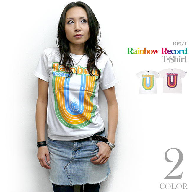 Rainbow Record (レインボーレコード) Tシャツ - sp028tee-Z完- 虹色 音楽 ミュージック ポップ ロック グラフィック かわいい カジュアル 半袖 メンズ レディース 男女兼用 ホワイト 白色 コットン綿100% オリジナルブランド Tシャツ屋さんバンビ【RCP】