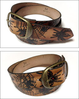 エンボスレザーベルト(蜘蛛柄)-BRACKNEYLEATHERWORKSブラックニーレザーワークス-squ5307-22-G-スパイダークモUSAアメリカ製本革小物型押しアメカジカジュアルメンズユニセックスロング大きいサイズブラウン茶色【RCP】