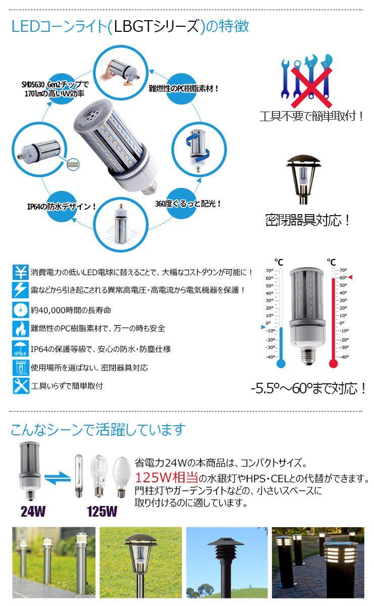 【数量限定】LED水銀灯 125W相当 電球 E26 E39 口金 防塵 防水 電源内蔵 密閉型器具対応 コーンライト 全配光 街路灯 防犯灯 交換用 照明 LBGT24W 電球色 LBGT24Y 昼白色 ビームテック [3]