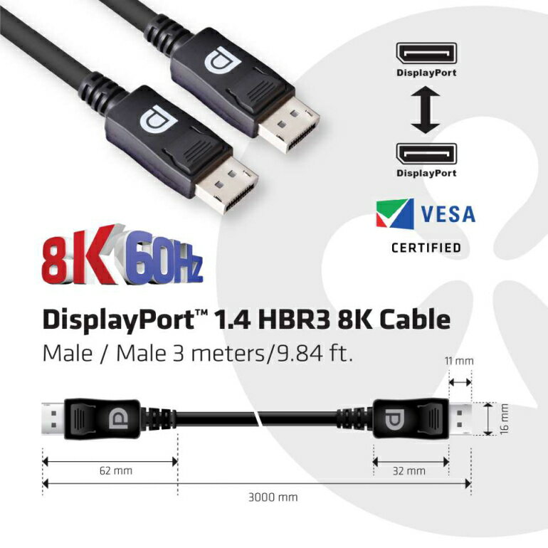 ゲーミングモニター 240Hz に対応 VESA認証 DisplayPort 1.4 ケーブル 国内正規品 Club3D HBR3 High  28AWG 8K 最大63%OFFクーポン Rate 60Hz Cable ディスプレイ 3m Bit CAC-1060 Male 3