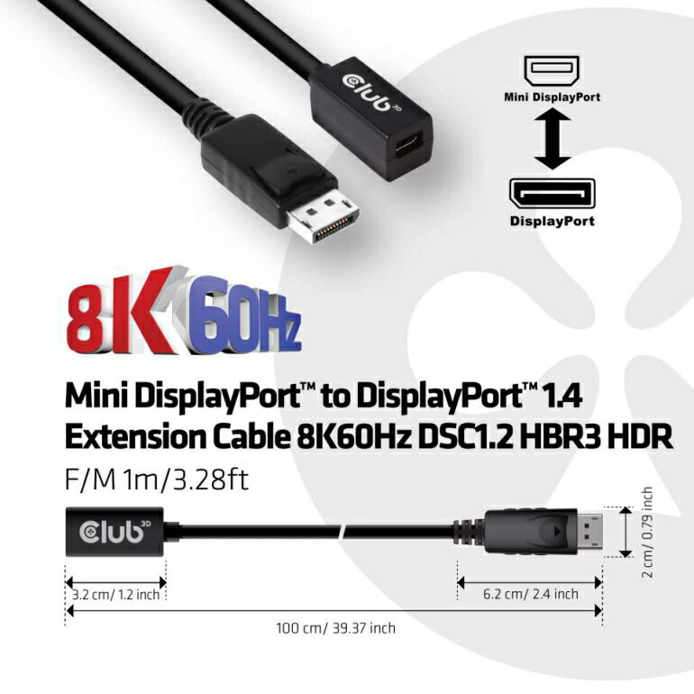 国内正規品 Club3D Mini DisplayPort to DisplayPort 1.4 HBR3 (High Bit Rate 3) 8K 60Hz Female/Male 1m 32AWG 延長ケーブル Extension Cable (CAC-1120) 2