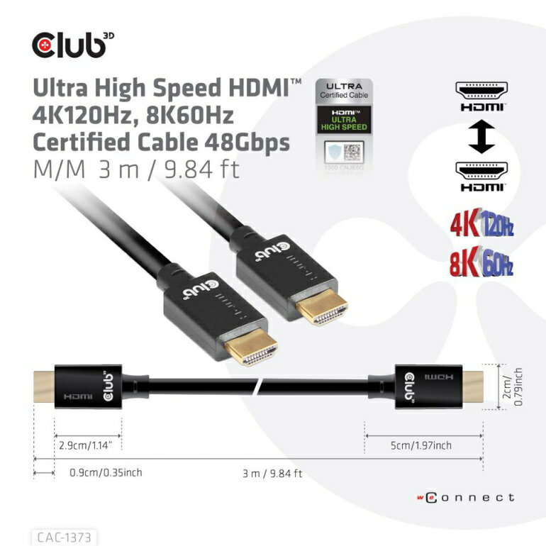 国内正規品 Club3D HDMI 2.1 4K120Hz 8K 60Hz 48Gbps Male/Male 3m 26AWG Ultra High Speed Cable ウルトラ ハイスピード 認証ケーブル (CAC-1373)
