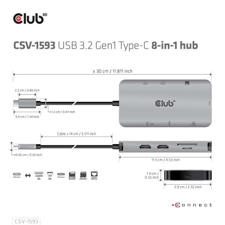 国内正規品 Club 3D USB Type C 8-in-1 Hub to 2xHDMI 4K60Hz / 2x USB A / RJ45 / SD Micro カードスロット/USB C PD3.0 100W (CSV-1593)