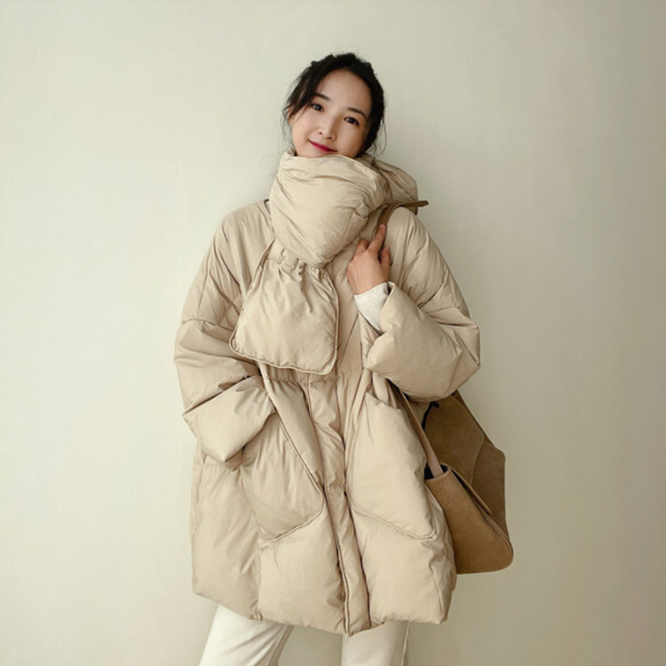 ダウンジャケット 防寒 ノーカラー 襟なし 秋冬 あたっか フリーサイズ アウター ミドル丈 カジュアル レディース 通勤 通学 マフラー付きダウンコートダウンジャケット 撥水 大人可愛い 韓国ファッション 軽量