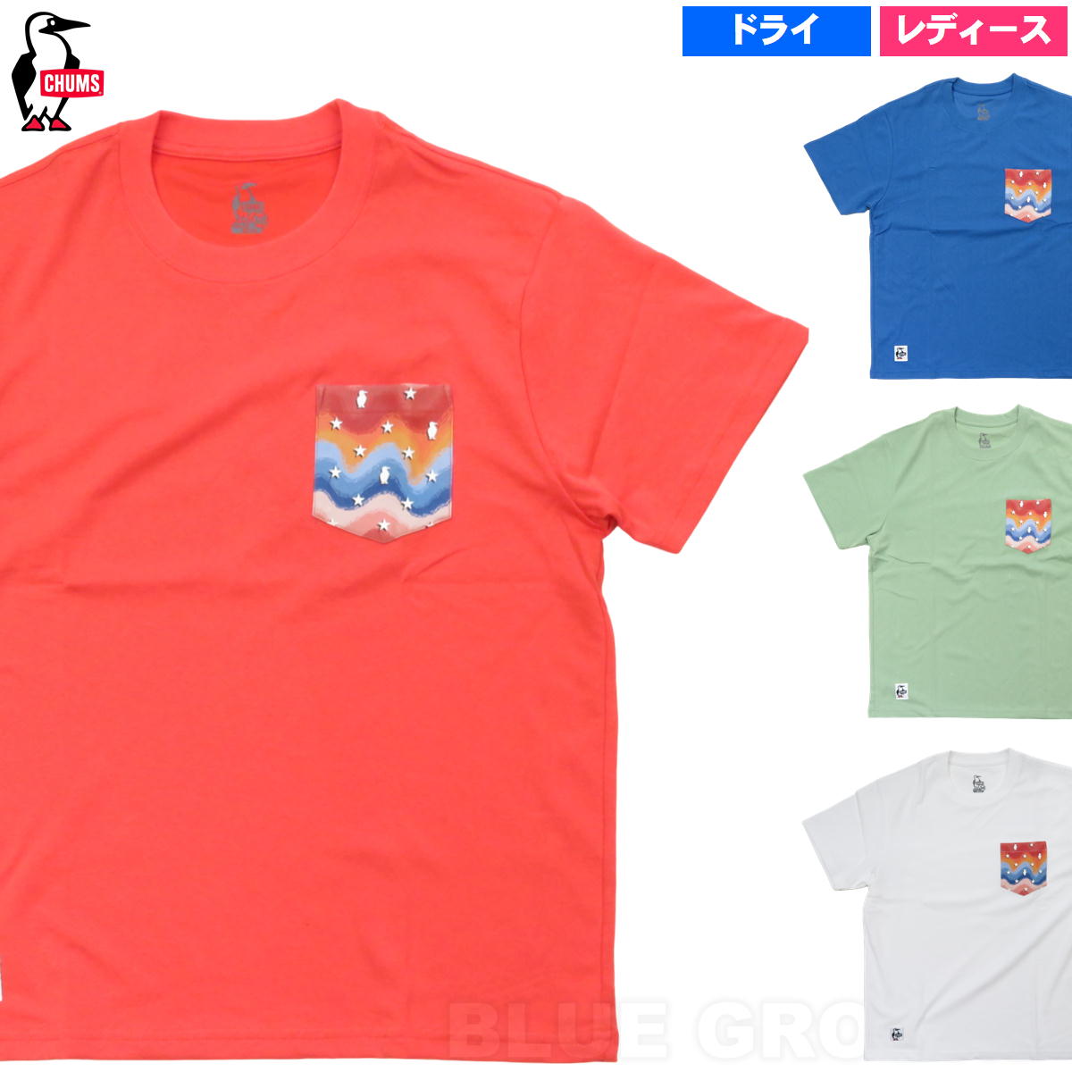 チャムス Tシャツ レディース 在庫セール10%オフ チャムス / スターズ&ストライプ ポケット Tシャツ レディース ・ 半袖 ドライ 速乾 ブランド アウトドア おしゃれ プリント CHUMS CH11-2190