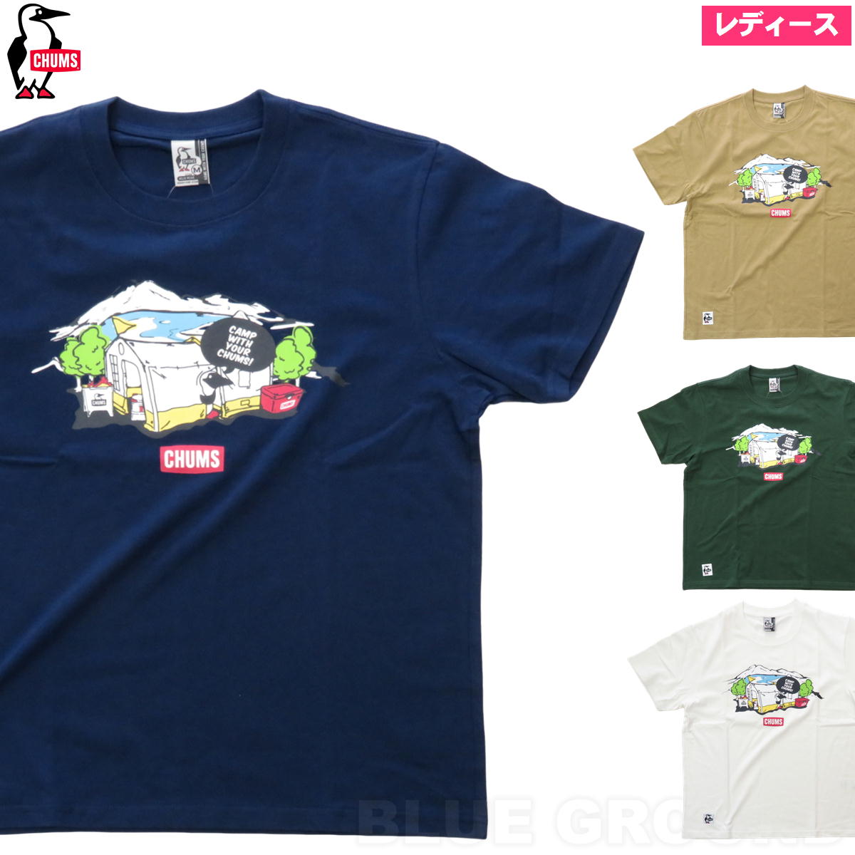 冬セール20%オフ チャムス / レイクサイド キャンプ Tシャツ レディース ・ 半袖 コットン プリントブランド アウトドア おしゃれ ロゴ CHUMS CH12-2162