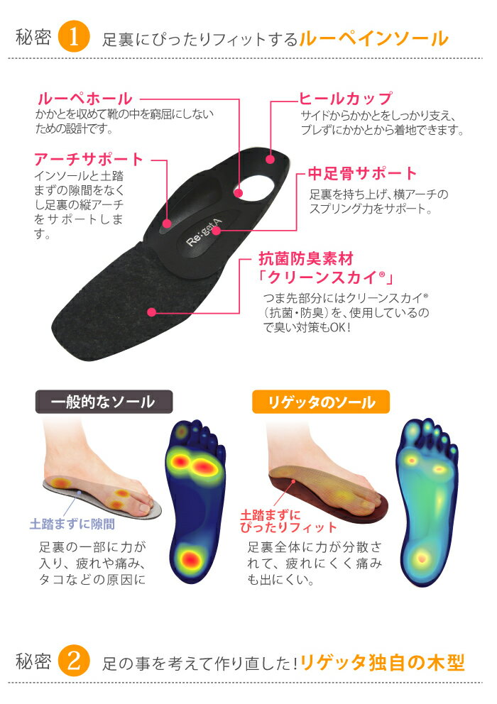 [ R-51 リゲッタ リボンバレエ パンプス 5cm ] 加圧シャツ付き♪ 走れる パンプス 立ち仕事 靴 ダイエット レディース 国産 疲れない ルーペインソール リゲット 楽ちん らく 日本製 疲れないにくい 外反母趾 偏平足 健康 プレゼント 送料無料