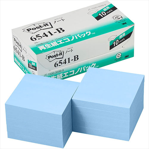 3M Post-it ポストイット 再生紙エコノパック ノート ブルー 3M-6541-B【メーカー直送】