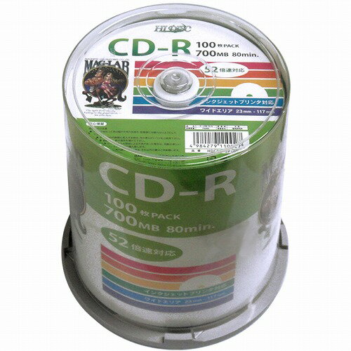 HI DISC CD-R 700MB 100枚スピンドル データ用 52倍速対応 白ワイドプリンタブル HDCR80GP100【メーカー直送】
