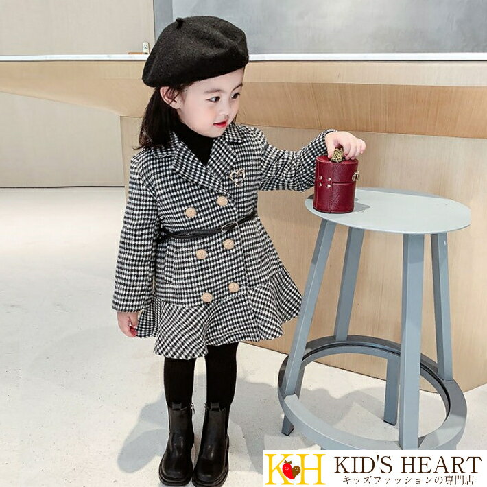 千鳥格子コート ベルト&ブローチ付き 中綿 ワンピース風コート アウター チェック柄 千鳥格子 英国風 チェスターコート開襟 暖かい 防寒 防風 長袖 ジャケッ...