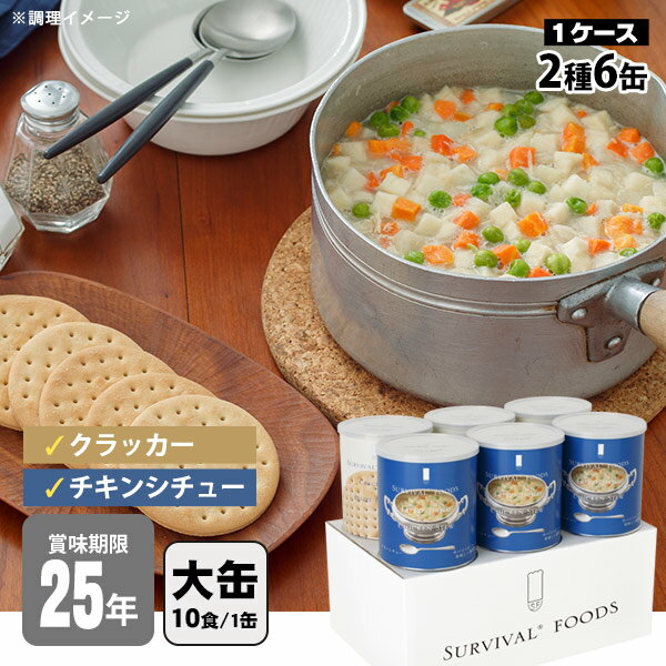 非常食セット 25年保存 サバイバルフーズ 大缶ファミリー 6缶セット 約60食相当 チキンシチュー(約422g)3缶＆クラッ…