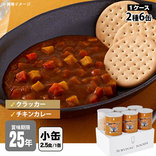 非常食セット 25年保存 サバイバルフーズ 小缶ファミリー 6缶セット 約15食相当 チキンカレー(約82g)3缶＆クラッカー…