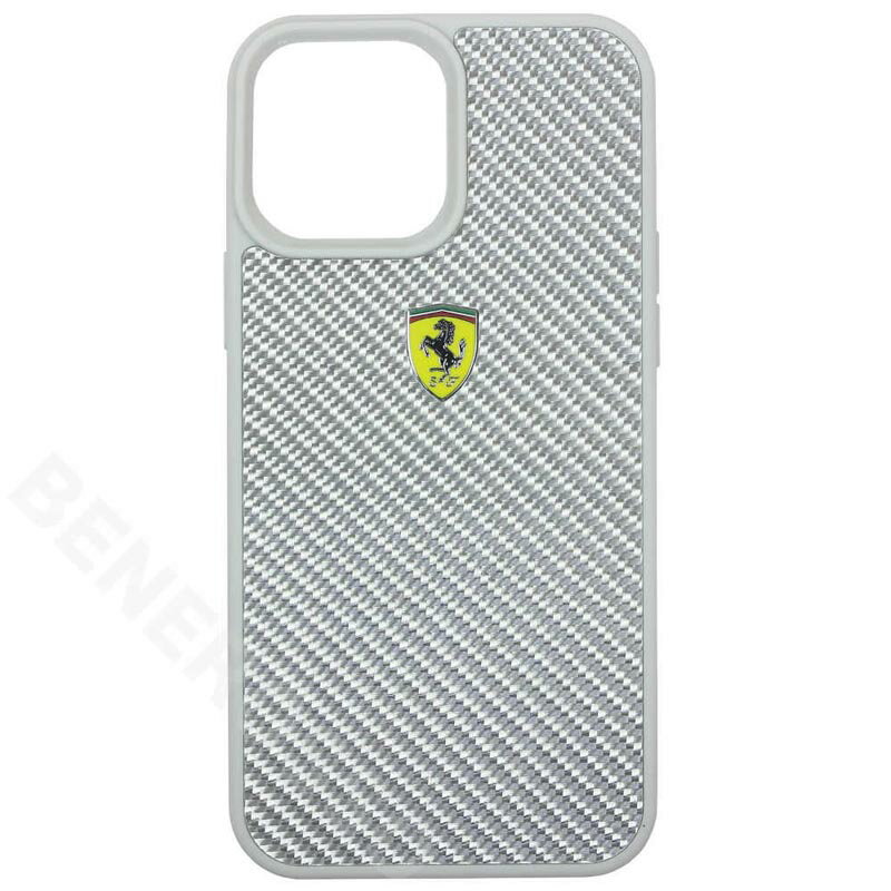 樂天商城 - フェラーリ iPhone13ProMax リアルカーボン ハードケース メタルロゴ シルバー FEHCP13XFCASI