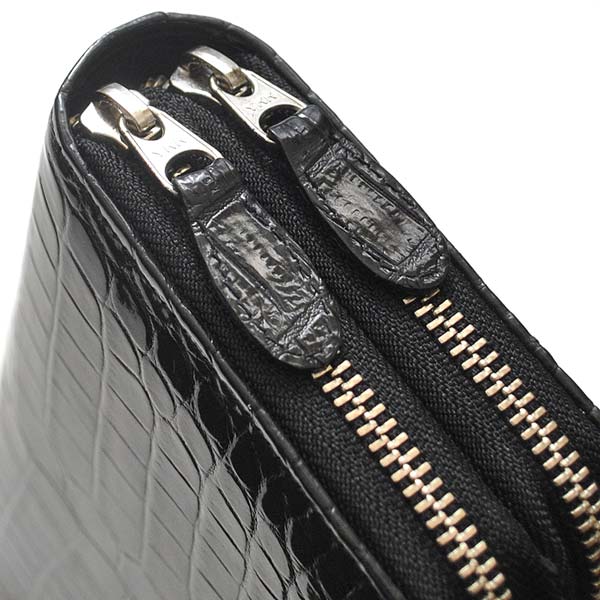 長財布 ダブルラウンドファスナー CROCODILE クロコダイル 黒 エナメルブラック 鰐革 シャイニング 鰐皮 ワニ革 ストラップ付 メンズ レディース 日本製 MADE IN JAPAN 国産 エキゾチックレザー JRA認定品 送料無料 CWFWO-1