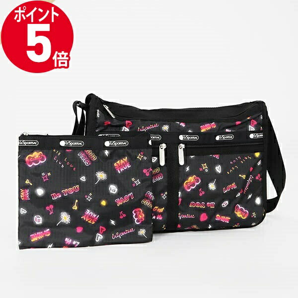 《P5倍 クーポン_18日23:59迄》レスポートサック ショルダーバッグLeSportsac DELUXE EVERYDAY BAG ネオン風 キュート柄 ブラック系 7507 E481 ブランド