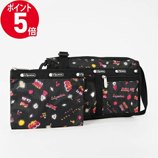 《ポイント5倍_16日01:59迄》レスポートサック ショルダーバッグ LeSportsac DELUXE SHOULDER SATCHEL ネオン風 キュート柄 ブラック系 レディース 7519 E481