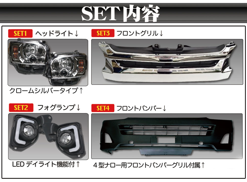 【お得なクーポン】 200系 ハイエース 4点SET HIACE 4型 ハロゲン仕様車 フェイスチェンジ ヘッドライド & 純正 バンパー仕様 & 純正 グリル 仕様 & フォグ デイライト付 BRiGHTX社 ブライトX クロームシルバー 1年保証付き 水漏れも対応 交換 おすすめ カスタム led