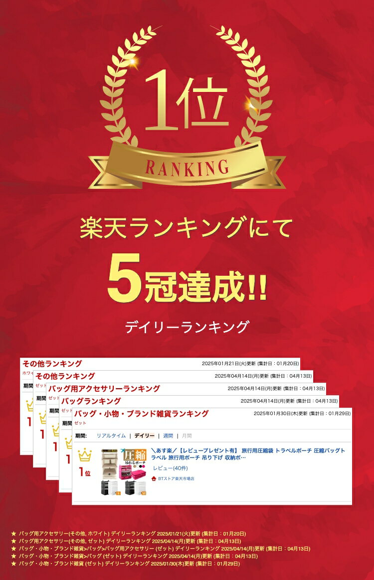＼最大半額クーポン&最大P20倍／ 【楽天1位】 旅行用圧縮袋 トラベルポーチ 圧縮バッグトラベル 旅行用ポーチ 吊り下げ 収納ポーチ クローゼット ファスナー 旅行カバン 衣装ケース 軽量 出張 仕分け ポケット コンパクト 吊ったまま