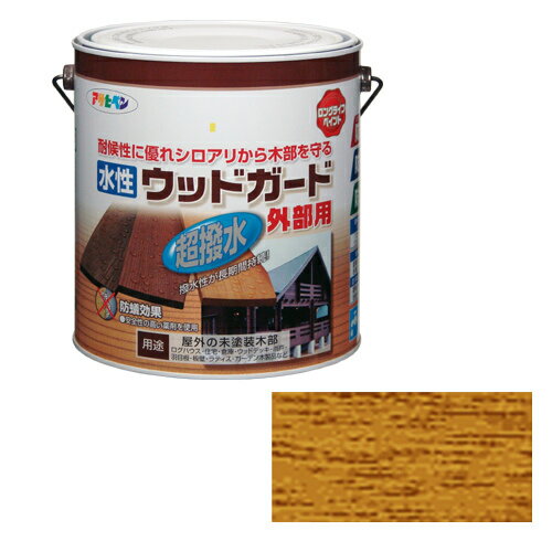 ◆木目を生かした水性木部用途料 はっ水効果や防蟻効果で木部を守る◆特長◆●合成樹脂(アクリル・ウレタン)塗料(水系) ●水性で塗りやすく、低臭タイプの木部専用塗料です。 ●木目を生かした美しいステイン仕上げができ、日光や雨に強く耐候性が優れています。 ●シロアリ、キクイムシ、腐れ、カビに対して、長期間強い効果を発揮します。 ●撥水剤の配合により、塗装直後から長期間撥水性を維持し、木部を保護します。 ●安全性を配慮した薬剤を使用しています。◆ポイント◆低臭タイプで、強力な撥水性があり、白アリ、キクイムシ、腐れ、カビから木部を守る。木目を生かしたステイン仕上げの水性木部専用塗料◆使用用途◆●ログハウス・ウッドデッキ・バルコニー・ベンチ・雨戸・羽目板・板壁など屋外の未塗装木部・ラティス・トレリス・プランターなど未塗装のガーデン用木製品◆注意◆ラティス・トレリス・プランターなど未塗装のガーデン用木製品他の塗料が塗装されている場合は塗れません。旧塗膜を十分取り除いてから塗って下さい。絶えず水がかかったり水につかるところや、いつも湿っているところ、また頻繁に歩行する床面には適しません。 ◆うすめ方◆塗りにくいときは水(5%以内)でうすめて下さい。 ◆乾燥時間◆夏期／約2時間　冬期／約3時間 重ね塗りは、夏期/1〜3時間　冬期/2〜4時間　後に行います◆標準塗り面積◆【2回塗り】 0.7L：3〜5m 2 1.6L：7〜12m 2 3L：13〜22m 2 7L：30〜50m 2 14L：60〜100m 2
