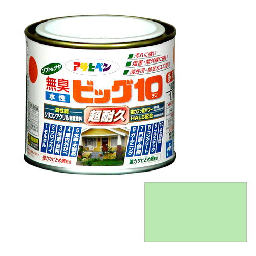 ◆水性多用途塗料 強力フッ素パワーで汚れに強い！◆特長◆●特殊フッ素樹脂、反応硬化型シリコン変性アクリル樹脂、紫外線劣化防止剤（HALS）の相乗効果により、汚れにくく、耐久性が格段にすぐれた高性能塗料です。 ●白系塗料には自動車用塗料にも使用されている高性能二酸化チタンを使用しています。 ●いやな臭いのしない無臭タイプで、1回塗りで仕上がります。 ●サビドメ剤、防カビ剤を配合していますので、サビやカビの発生を防ぎます。 ●厚塗りしてもタレにくく、たいへん塗りやすい塗料です。◆ポイント◆大変塗りやすく、ソフトなツヤに仕上がり、耐久性に優れた屋内外兼用の水性シリコンアクリル樹脂塗料 フッ素樹脂配合 紫外線劣化防止剤配合 サビドメ剤配合 カビドメ剤配合◆使用用途◆●ドア・雨戸・羽目板・板べい・ガーデン用品など屋内外の木部や家具・木工品などの木製品。 ●フェンス・門扉・鉄柵・看板・おもちゃなどの鉄部、鉄製品。 ●コンクリート・ブロック・各種サイディングなどの外壁やへい。 ●浴室・台所・居間などのしっくい・モルタル・コンクリート壁・板壁。 ●発泡スチロール・アクリル・硬質塩ビのプラスチック面。◆注意◆カベ紙、布カベ紙・ユニットバス・浴槽・絶えず水がかかったり水につかるところや、いつも湿っているところ、また床面、テーブル・カウンターの天面には適しません。◆うすめ方◆塗料の粘度が高くて塗りにくい時は、水で少し(5%以内)うすめます。◆乾燥時間◆夏期／30分〜1時間 冬期／2〜3時間◆標準塗り面積◆【1回塗り】 1/5L 1.4〜1.9m 2 0.7L 5.0〜6.6m 2 1.6L 11〜15m 2 5L 36〜47m 2 10L 71〜94m 2