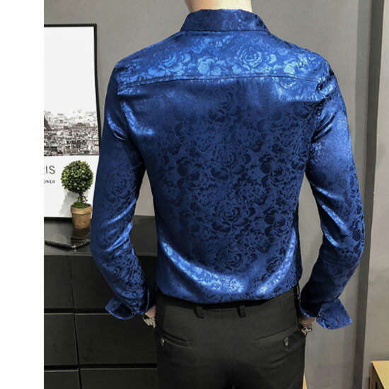 サテン シャツ メンズ ドレスシャツ メンズ 薔薇柄 バラ柄 花柄 ボタニカル柄 総柄シャツ スリムシャツ タイト 細身 シャツ 長袖 シャツ ド派手 インポート 2021 春 夏 新作 V系 ヴィジュアル系 ファッション 衣装 韓国 ビター系 ブルー 青 ホスト スーツ ホストシャツ