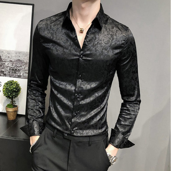 サテン シャツ メンズ ドレスシャツ メンズ 薔薇柄 バラ柄 花柄 ボタニカル柄 総柄シャツ スリムシャツ タイト 細身 シャツ 長袖 シャツ ド派手 インポート 2021 春 夏 新作 V系 ヴィジュアル系 ファッション 衣装 韓国 ビター系 ブルー 青 ホスト スーツ ホストシャツ