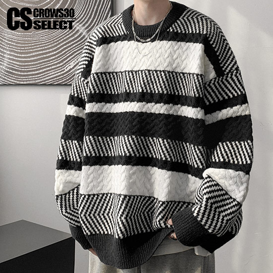 セーター メンズ ストリート系 メンズ ニットソー バイカラー ボーダー セーター ロングTシャツ メンズ 大きいサイズ ビッグセーター ロンT メンズ 袖プリ...