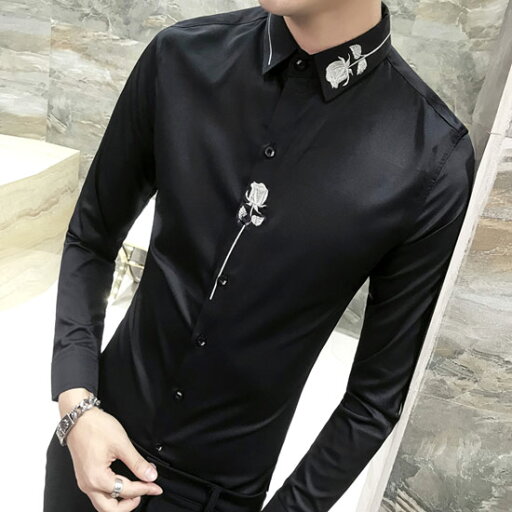 シャツ メンズ 刺繍 花柄 フラワー 薔薇 バラ ドレスシャツ スリムシャツ 細身 長袖 シャツ インポート 2021 春 夏 新作 30代 40代 個性的 V系 ビジュアル系 ホスト スーツ 衣装 オラオラ系 悪羅悪羅系 ストリート系 パーティー 二次会 ブラック 黒 ホワイト 白 ホストスーツ