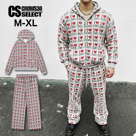 Rakuten - オラオラ系 セットアップ メンズ パーカー スウェット ジャージ 上下セット 総柄 ワイドパンツ メンズ オラオラ系 ファッション ハート ヒップホップ B系 カップルコーデ オラオラ系 メンズ セットアップ ヤンキー チンピラ 新作 10代 20代 30代 40代 50代 60代 部屋着