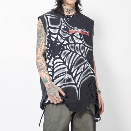 オラオラ系 タンクトップ メンズ Tシャツ メンズ 蜘蛛の巣 スパイダー タンクトップ メンズ ダメージ 大人 タンクトップ メンズ 大人 Tシャツ メンズ ストリート系 メンズ オラオラ系 ファッション タンクトップ トップス 30代 40代 50代 60代 LDH系 BTS系 韓国