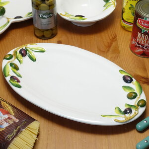 イタリア製 オーバルプレート 平皿 楕円皿 32cm オリーブ 食器 陶器製 大皿 パーティープレート グリーンオリーブ ヨーロッパ 南欧食器 italy おしゃれ 白地 食器 お皿 通販 bre-1327-ov