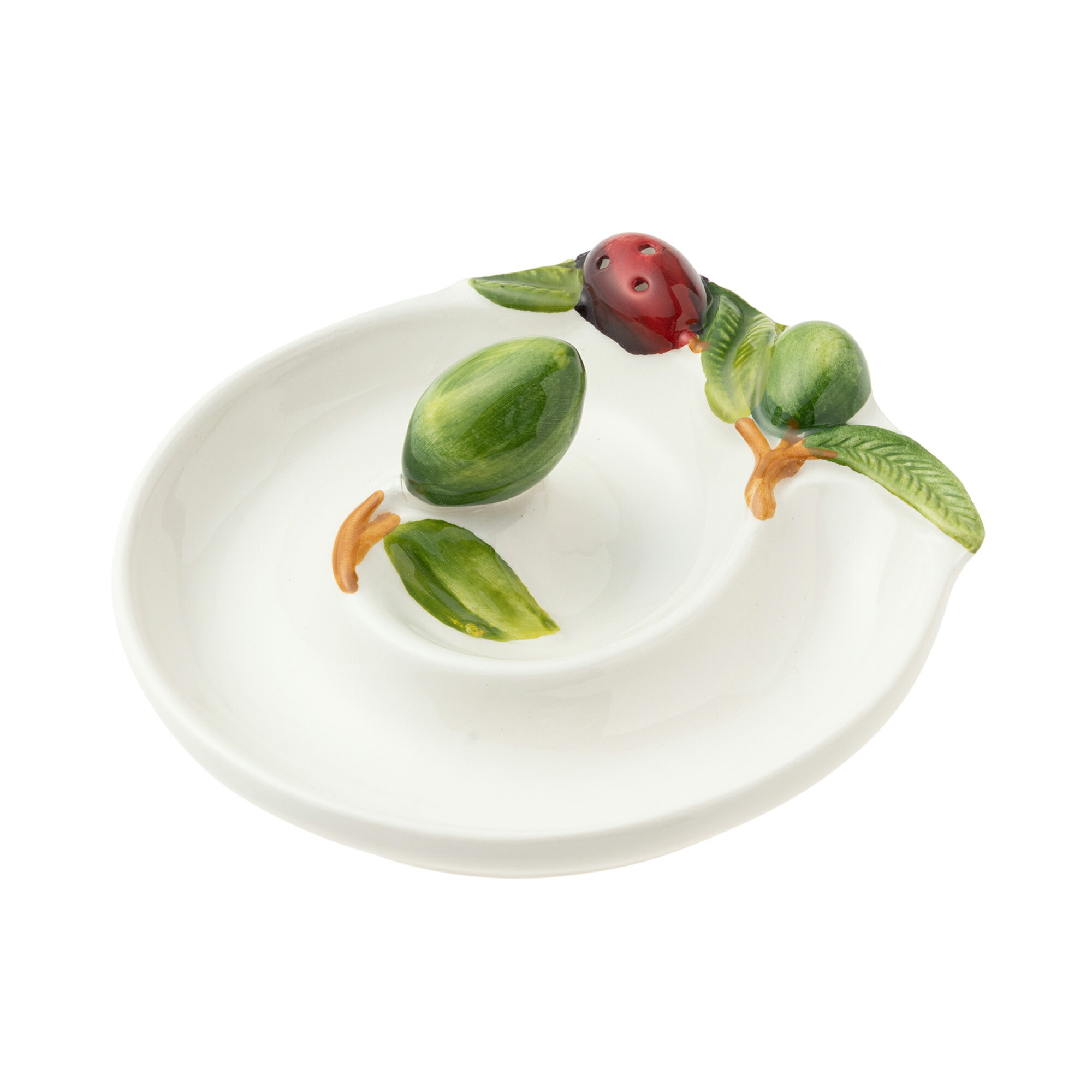 Rakuten - 【アウトレット】 イタリア 食器 オリーブ 専用 食器 (12cm) オリーブ柄 陶器製 ピックスタンド付 渦巻き 型の お皿 グリーンオリーブ 手作り ヨーロッパ 南欧食器 イタリア製 おしゃれ 白 プレート Italy europe_plum bre-1573s-ov_b4