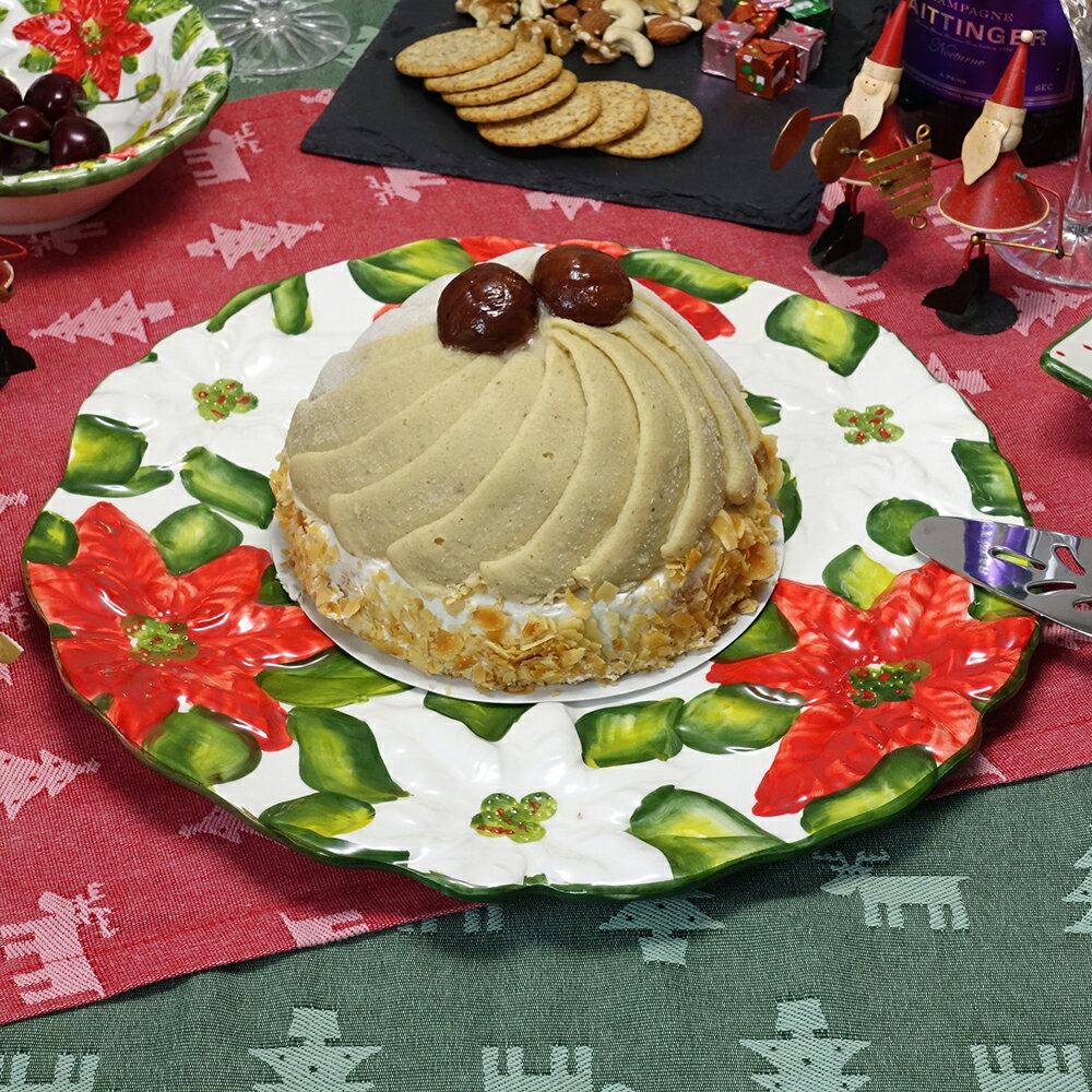 クリスマス テーブルウェア イタリア製 陶器 食器 ハンドメイド 中皿 31cm ラウンドプレート ポインセチア レリーフ ディナープレート 手作り 南欧食器 赤 緑 Italy bre-1574-31k